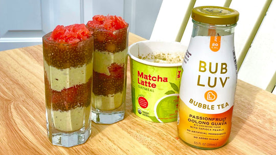Boba Superfood Parfait with BUBLUV Bubble Tea Passionfruit Oolong Guava and Yishi Foods Matcha Latte Oatmeal Cup
